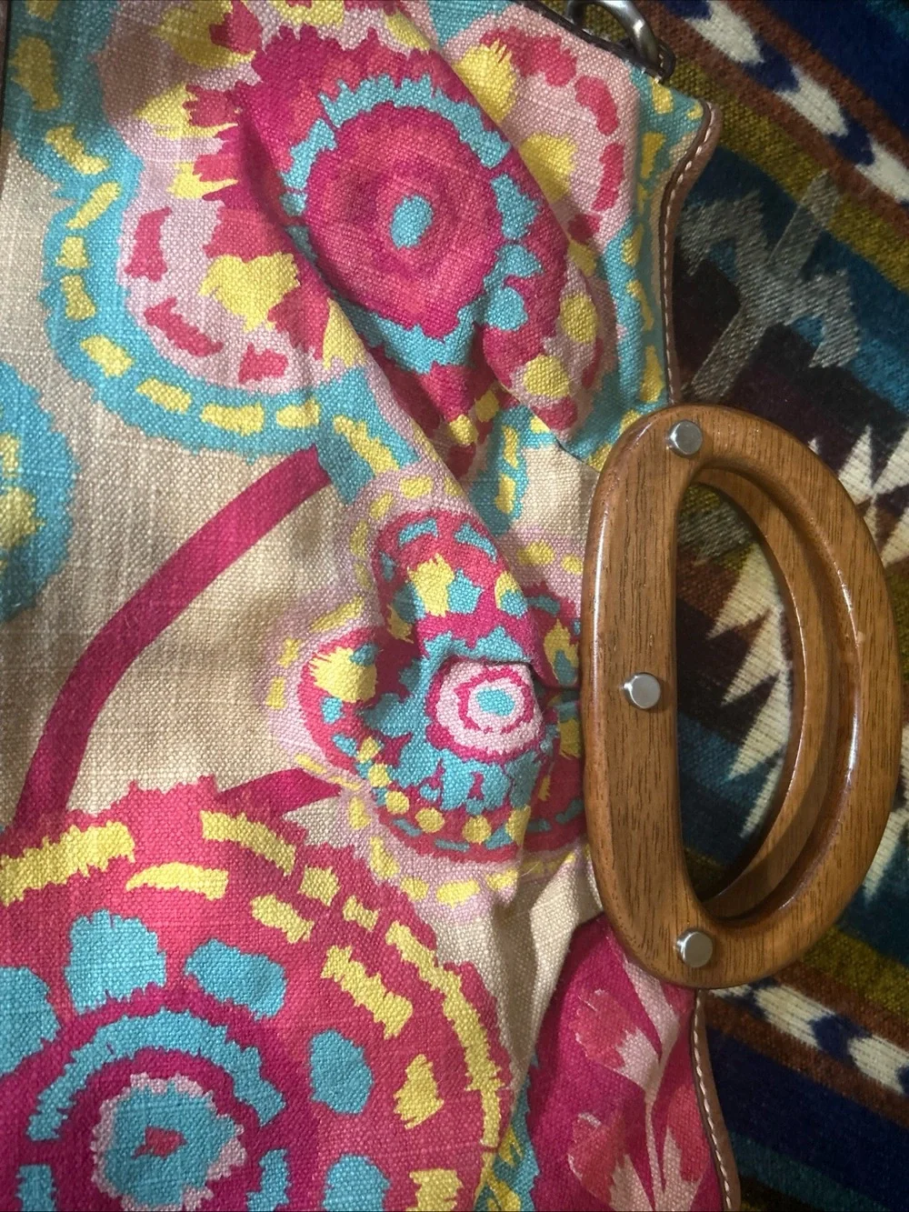 Fossil Wooden Handle Floral Canvas & Leather Trim Woven Crossbody Bag Satchel